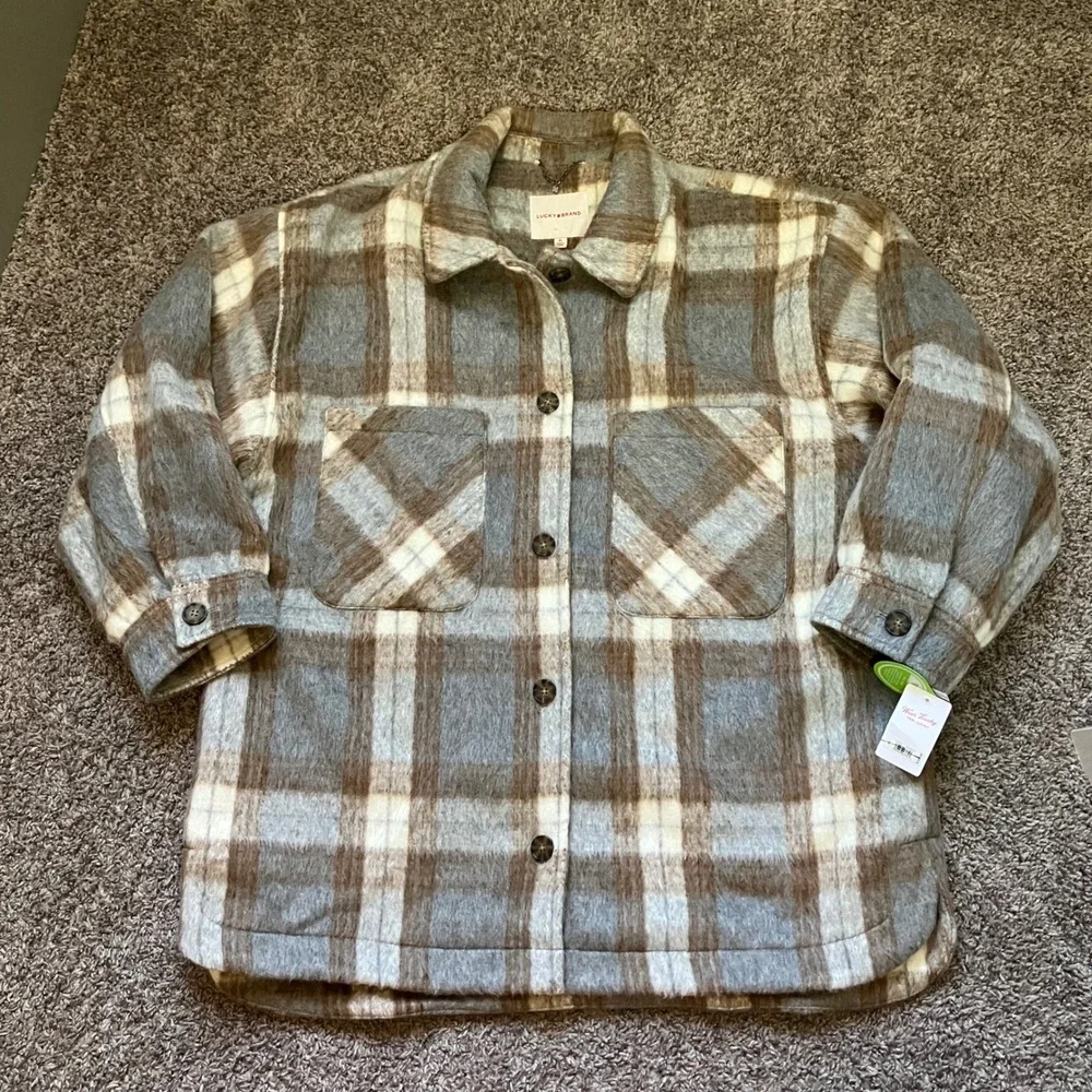 Lucky Brand Plaid Shacket Womens XL Grey Brown Oversize‎ Shirt Jacket New